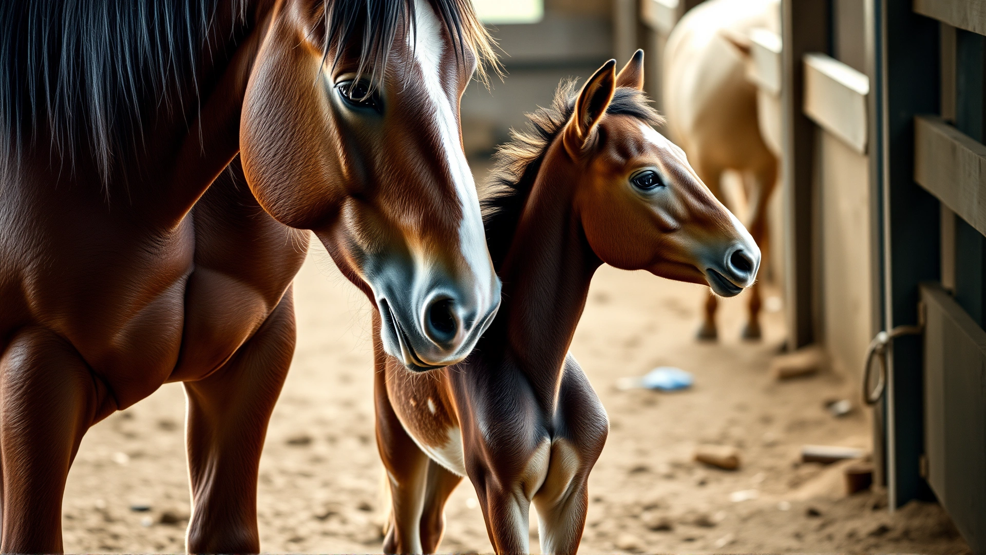 Foster mare quietly allowing a foal to nurse for the first time, gentle stable environment, candid farm photography