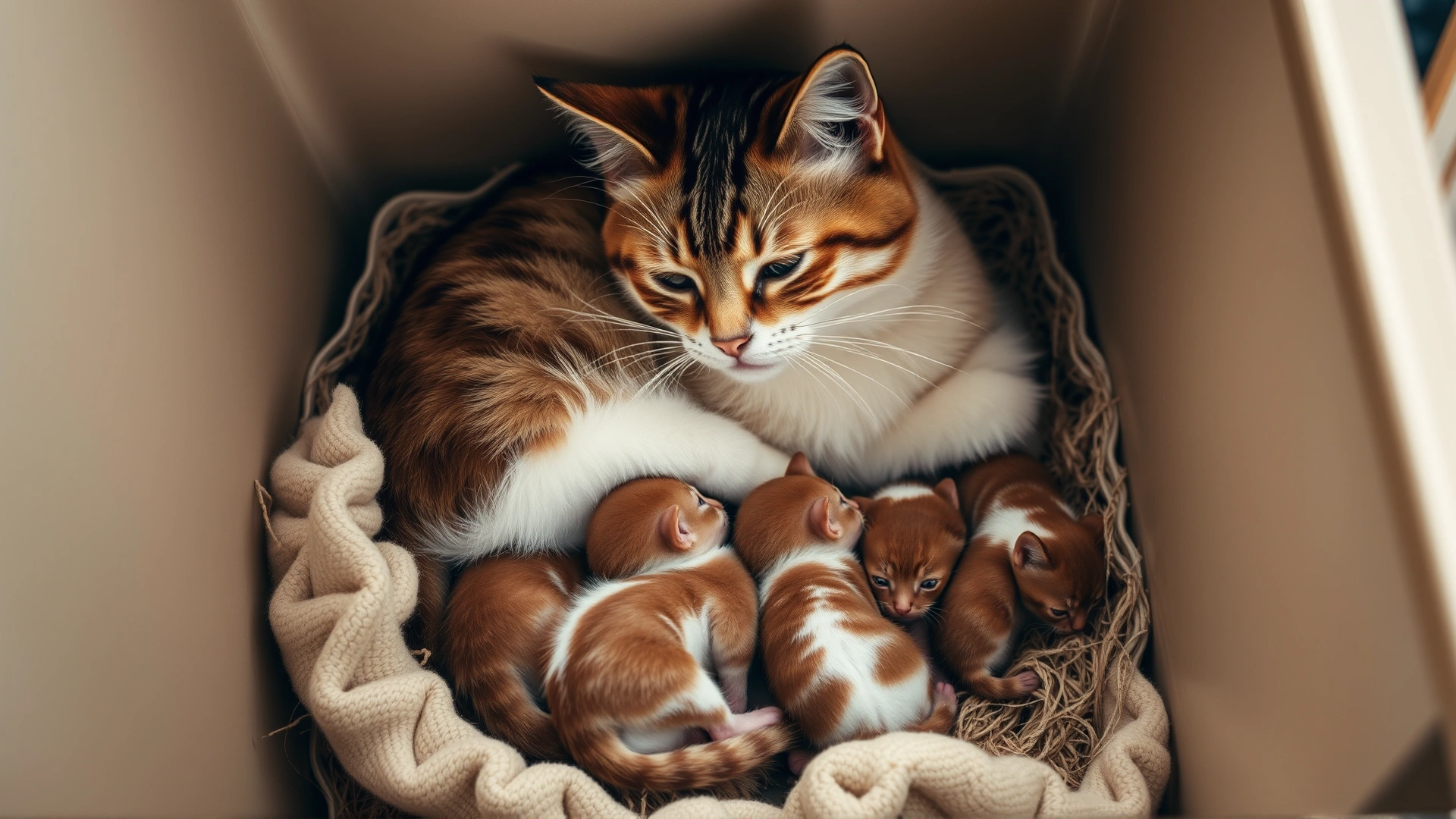 Mother cat nursing a small litter of premature kittens inside a clean, cozy nesting box, warm tones.