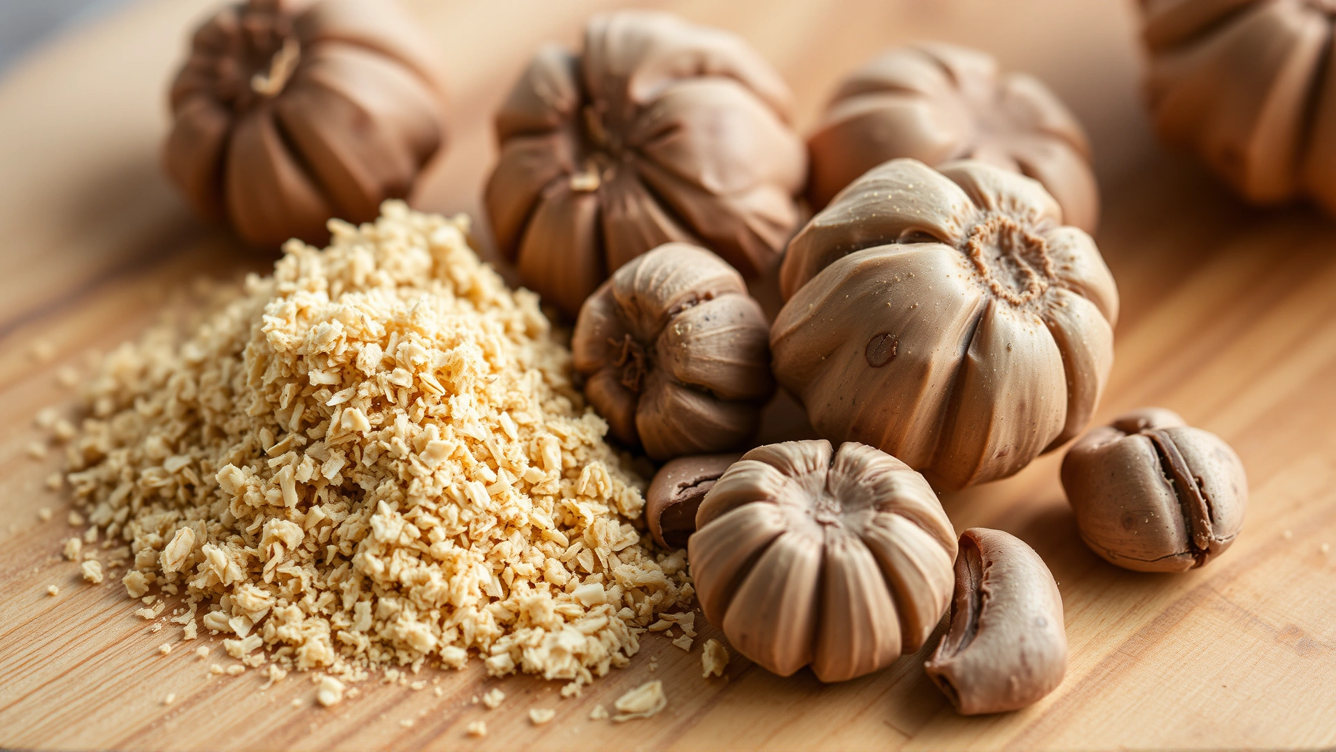 Macro shot of freshly grated nutmeg and whole nutmegs on a wooden cutting board, highlighting the spice that can be toxic to dogs.