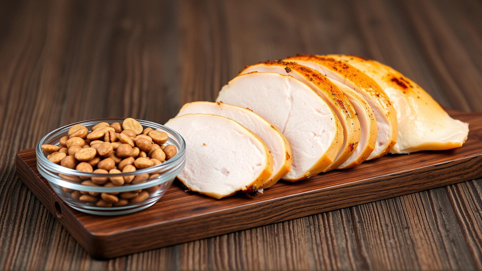 Close-up of sliced cooked turkey breast on a wooden board beside a small bowl of dry cat food to illustrate nutrient comparison