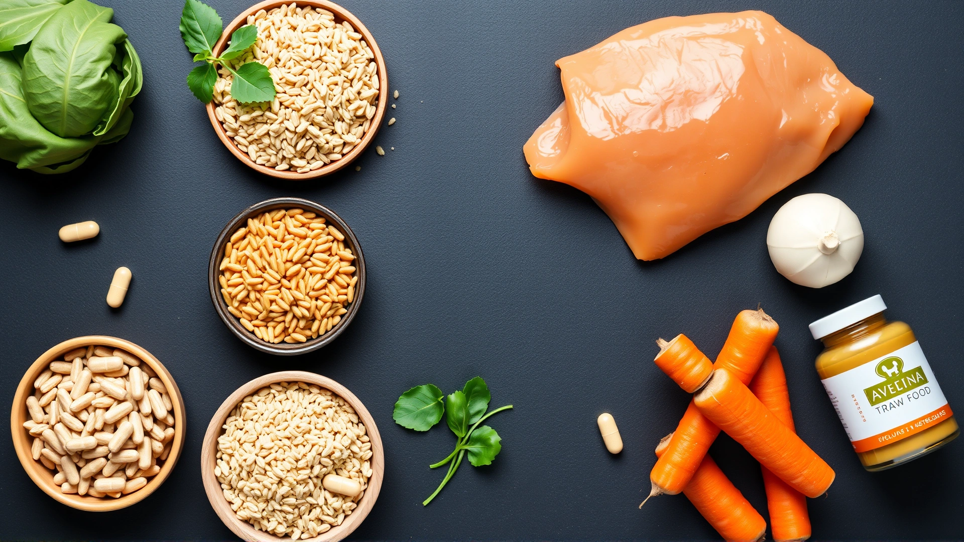 Flat lay of raw ingredients for dog food—fresh chicken breast, salmon, brown rice, carrots, spinach, and omega-3 capsules—arranged on a dark slate background.