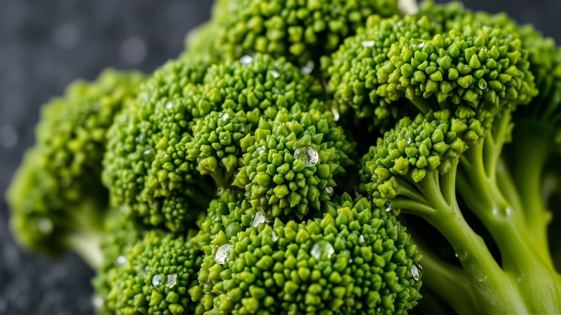 Macro shot of vibrant green broccoli florets showing texture and water droplets, isolated on dark slate background