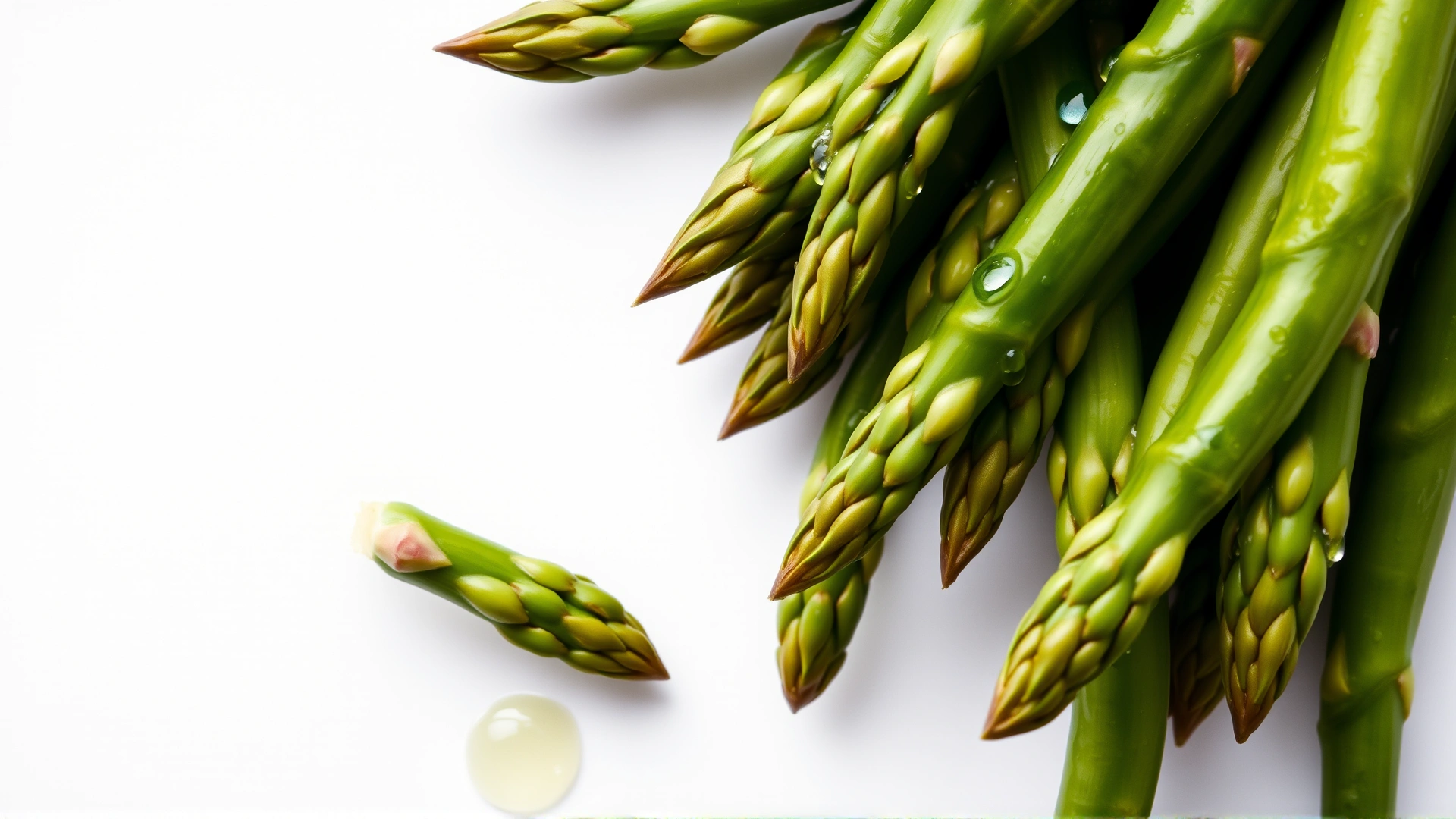 Close-up of crisp green asparagus spears against a white backdrop, droplets of water highlighting freshness, no text
