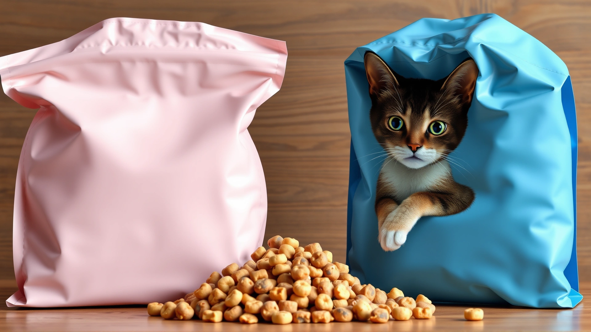 Two plain colored pet food bags—one representing dog food and the other cat food—side by side with kibble spilled on a wooden surface, no visible text or logos