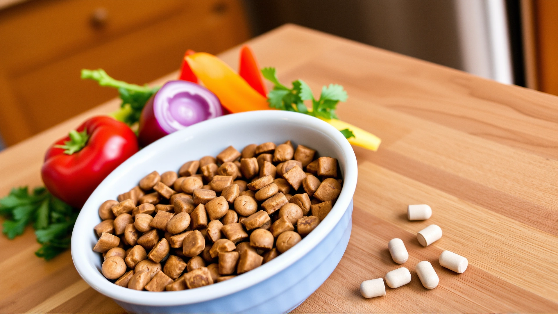 Bowl of specially formulated senior dog kibble with fresh vegetables and supplement tablets nearby, on a wooden kitchen counter.