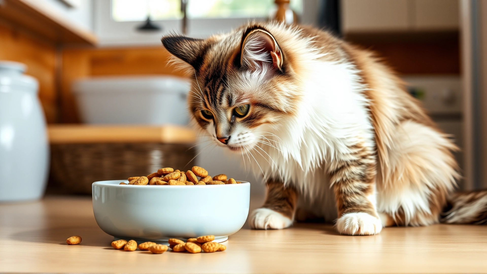 High-quality cat kibble in a ceramic bowl with a Snowshoe cat eating, daytime kitchen setting