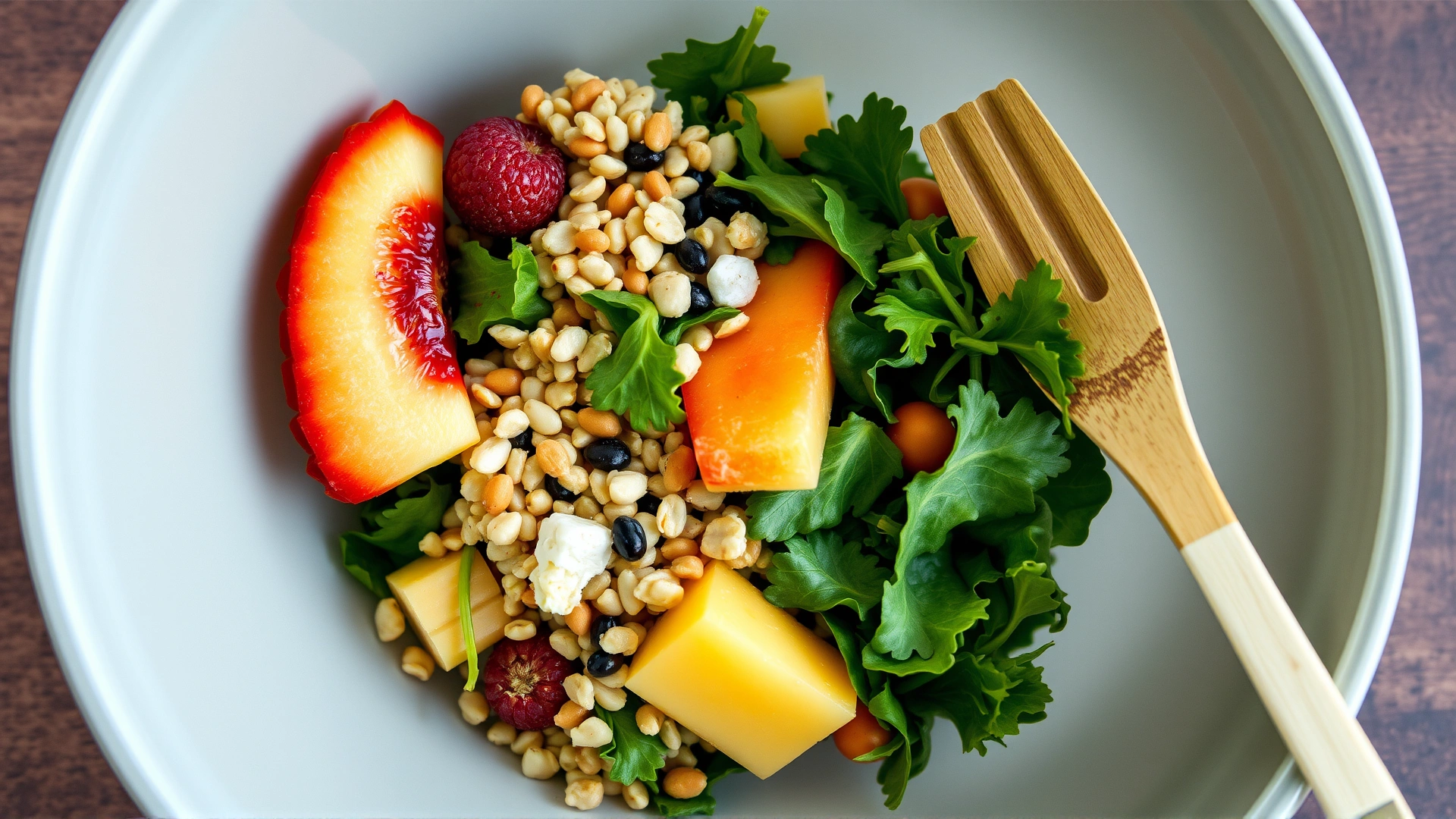 Top-down view of a bowl containing leafy greens, soaked grains, and fresh fruit pieces prepared for a recovering bird.