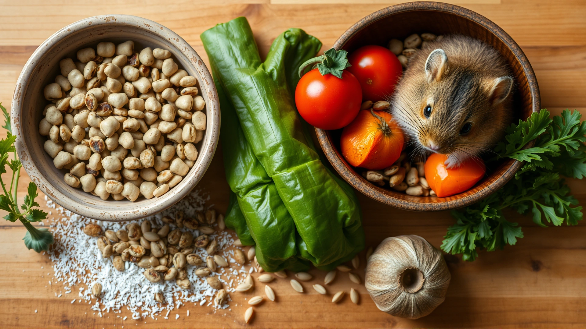 Arrangement of gerbil-safe foods: high-quality pellets in a bowl, fresh vegetables, seeds on a wooden surface