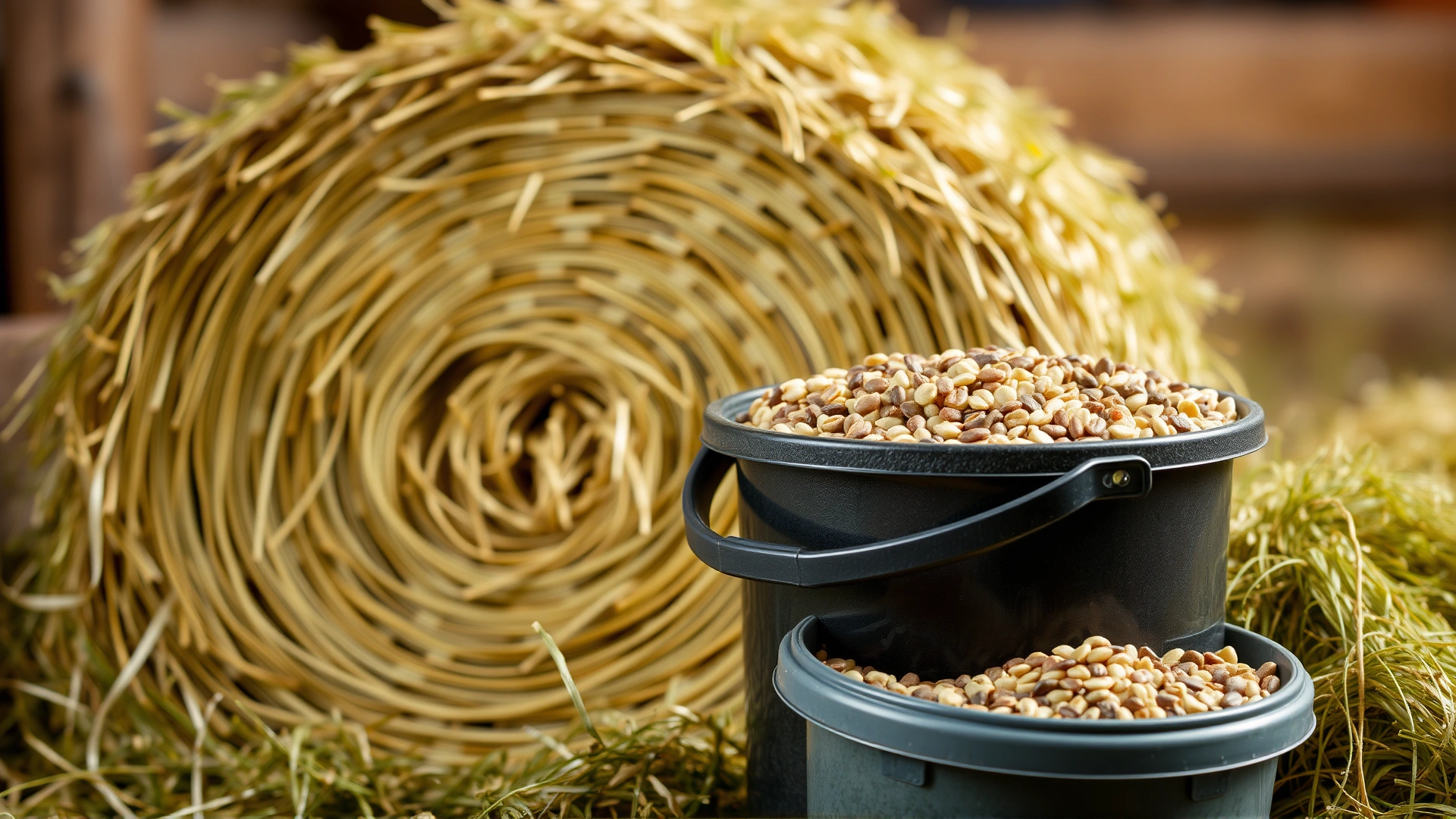 Bale of high-quality hay and bucket of mixed grains prepared for feeding a horse