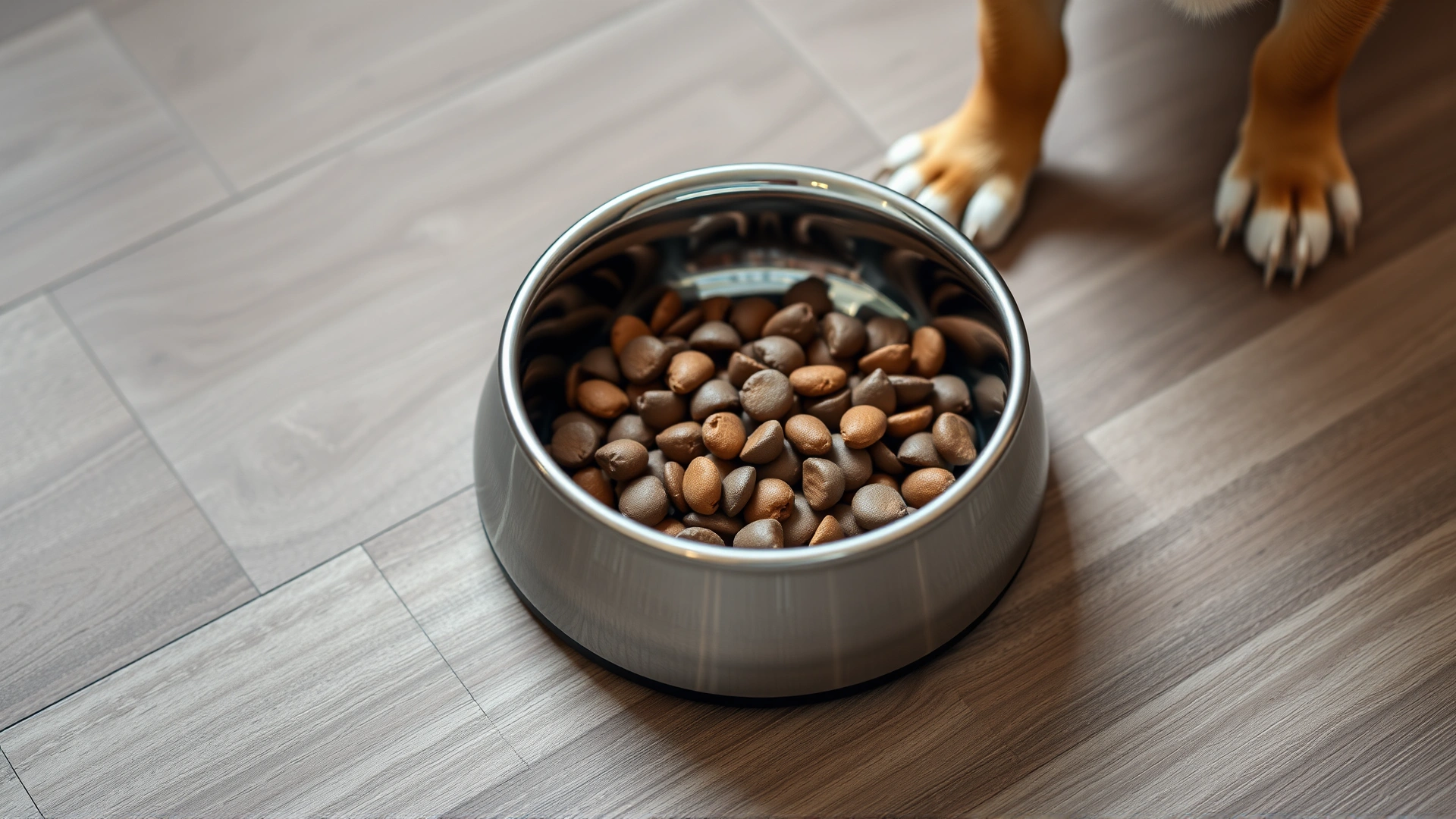 Top view of a small stainless-steel dog bowl filled with high-quality kibble on a kitchen floor beside Chihuahua paws