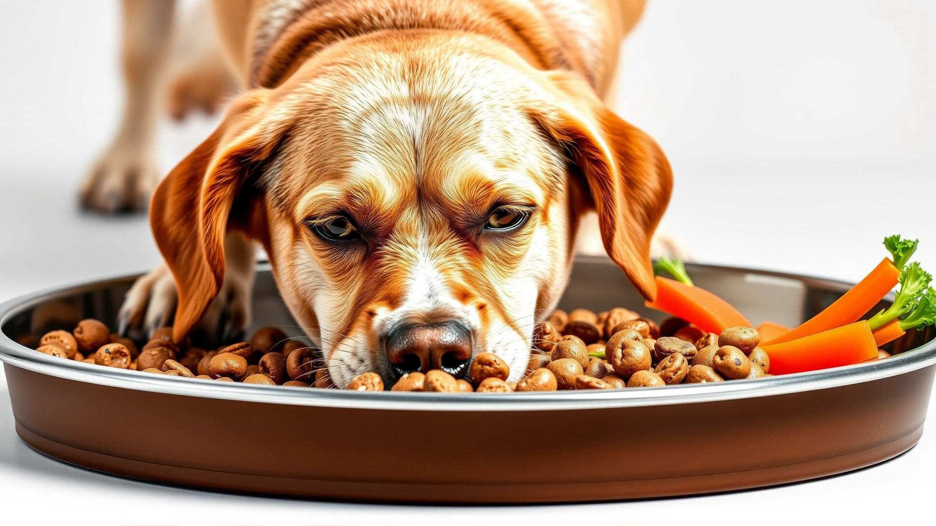 Healthy dog eating from a stainless steel bowl filled with balanced kibble and fresh vegetables.