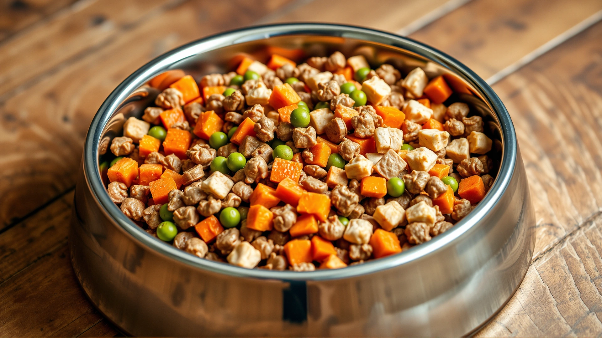 Close-up of a stainless steel dog bowl filled with high-quality kibble mixed with diced carrots, peas, and small chicken pieces, placed on a rustic wooden floor; conveys balanced nutrition
