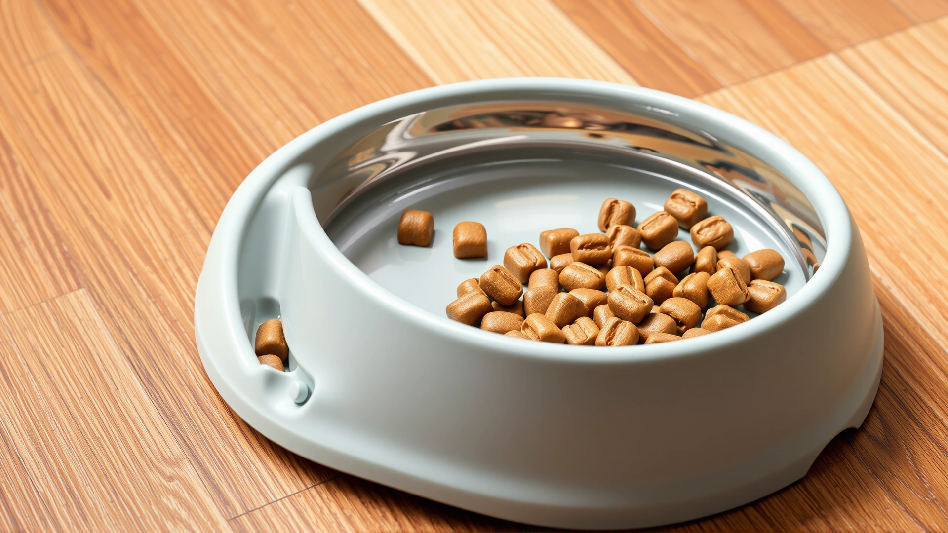 Healthy cat food bowl filled with high-quality kibble and fresh water on wooden floor