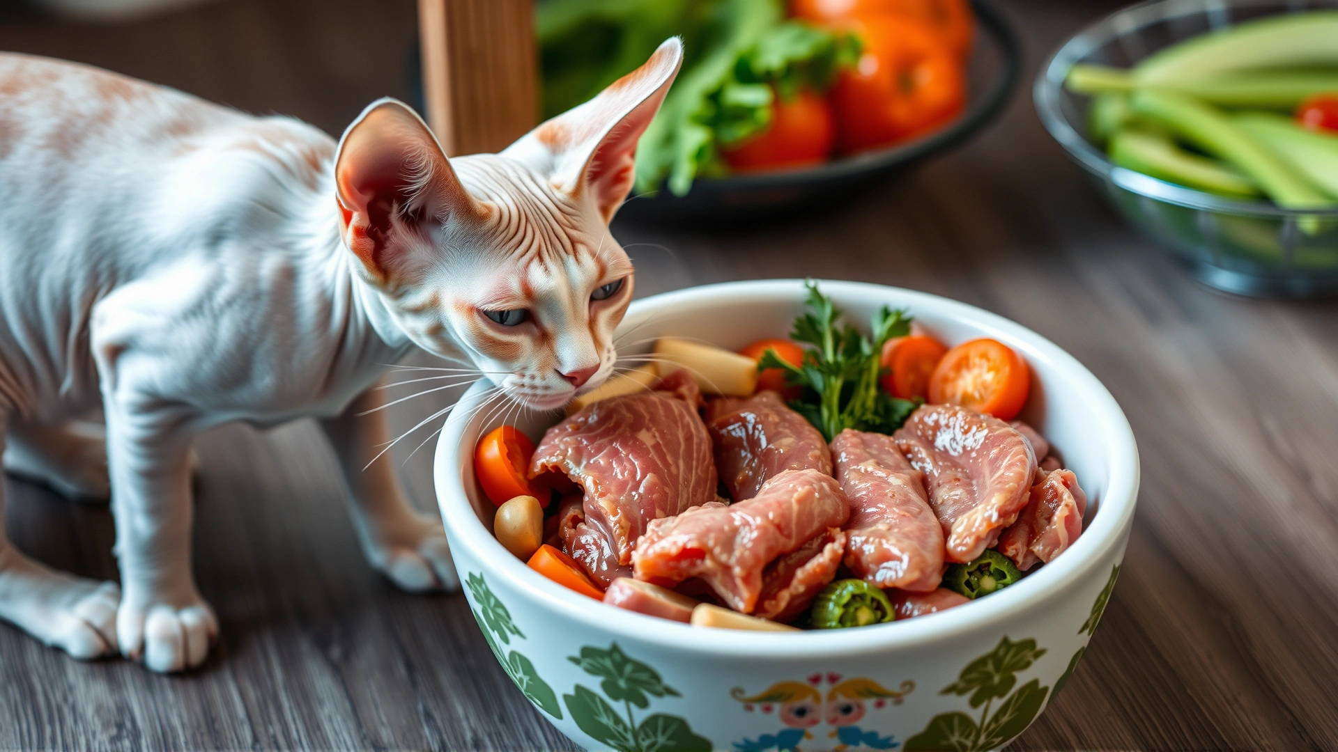 High angle view of a balanced cat food bowl filled with lean meat and vegetables, with a curious Sphynx cat sniffing nearby.