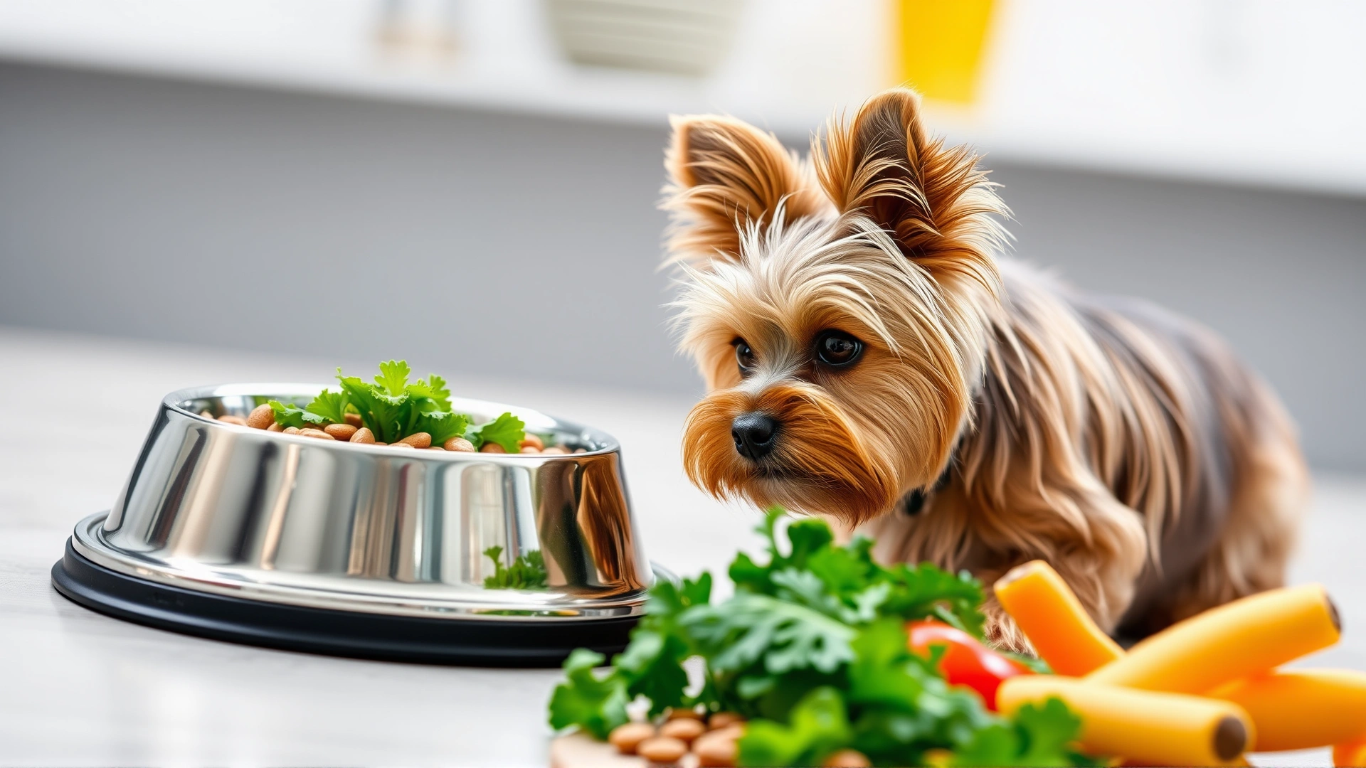 A stainless steel bowl filled with high-quality kibble and fresh vegetables next to a Chorkie watching eagerly.