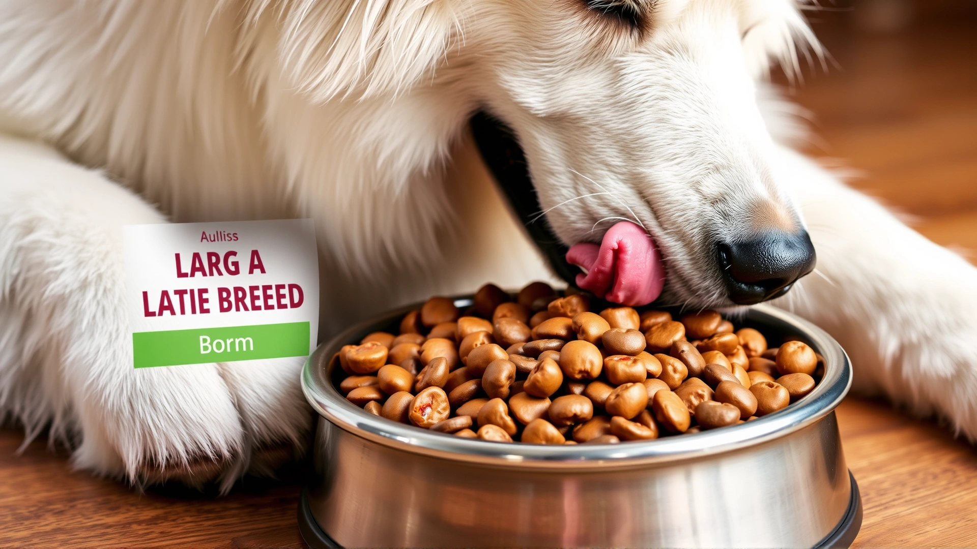 Stainless-steel bowl filled with high-quality kibble labeled