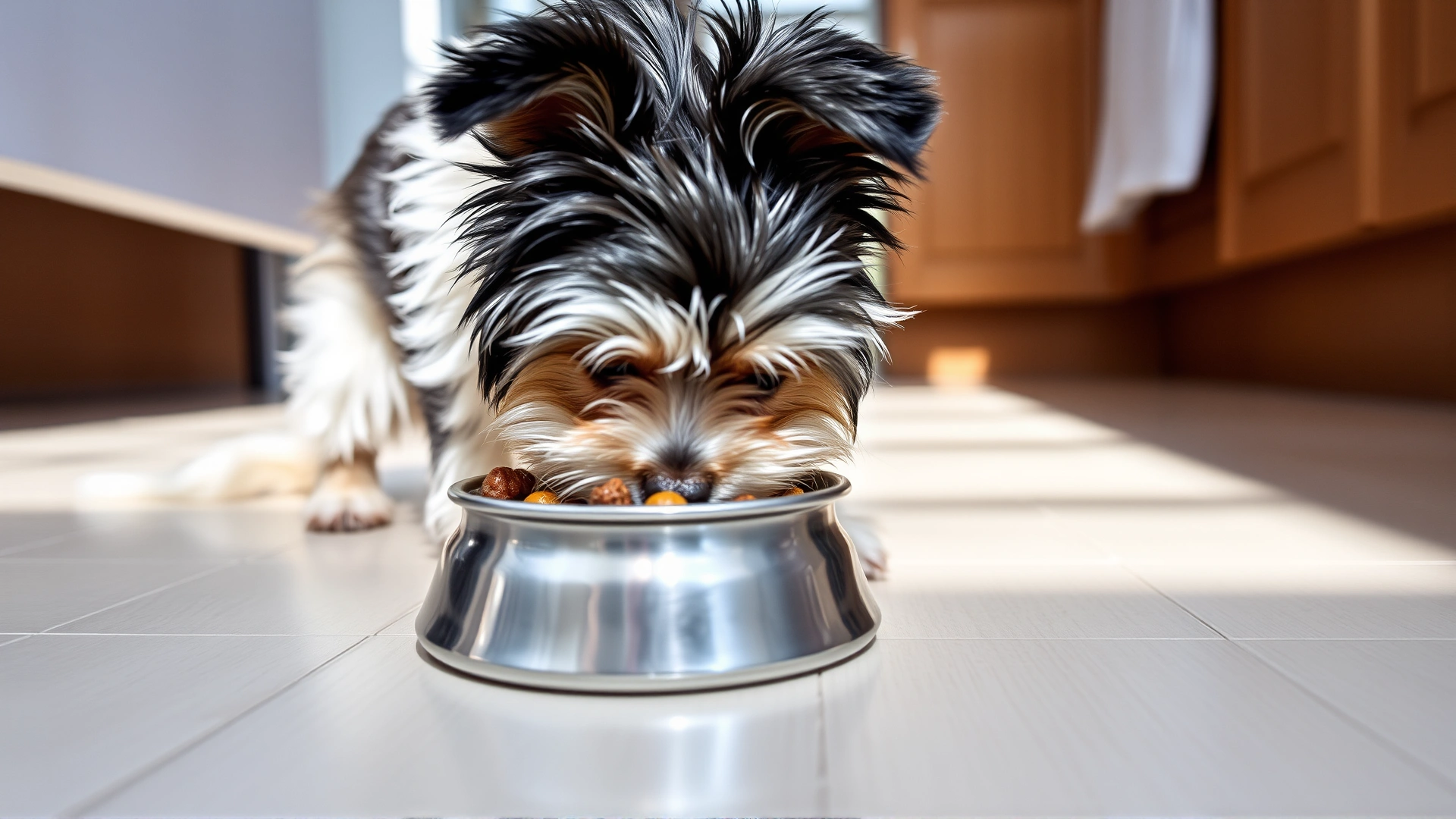 Morkie eating from a small stainless-steel bowl on a kitchen floor with natural morning light, focus on dog and food