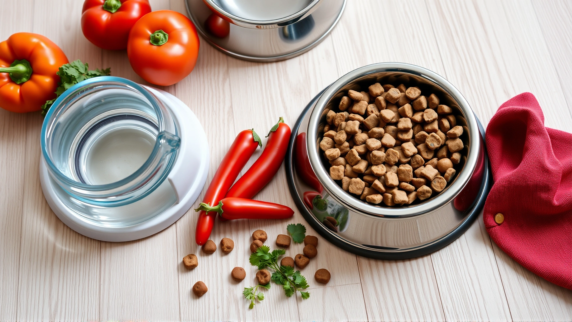 Flat lay photo of a stainless dog bowl filled with balanced small-breed kibble placed next to fresh vegetables and a water bowl on light wooden floor.
