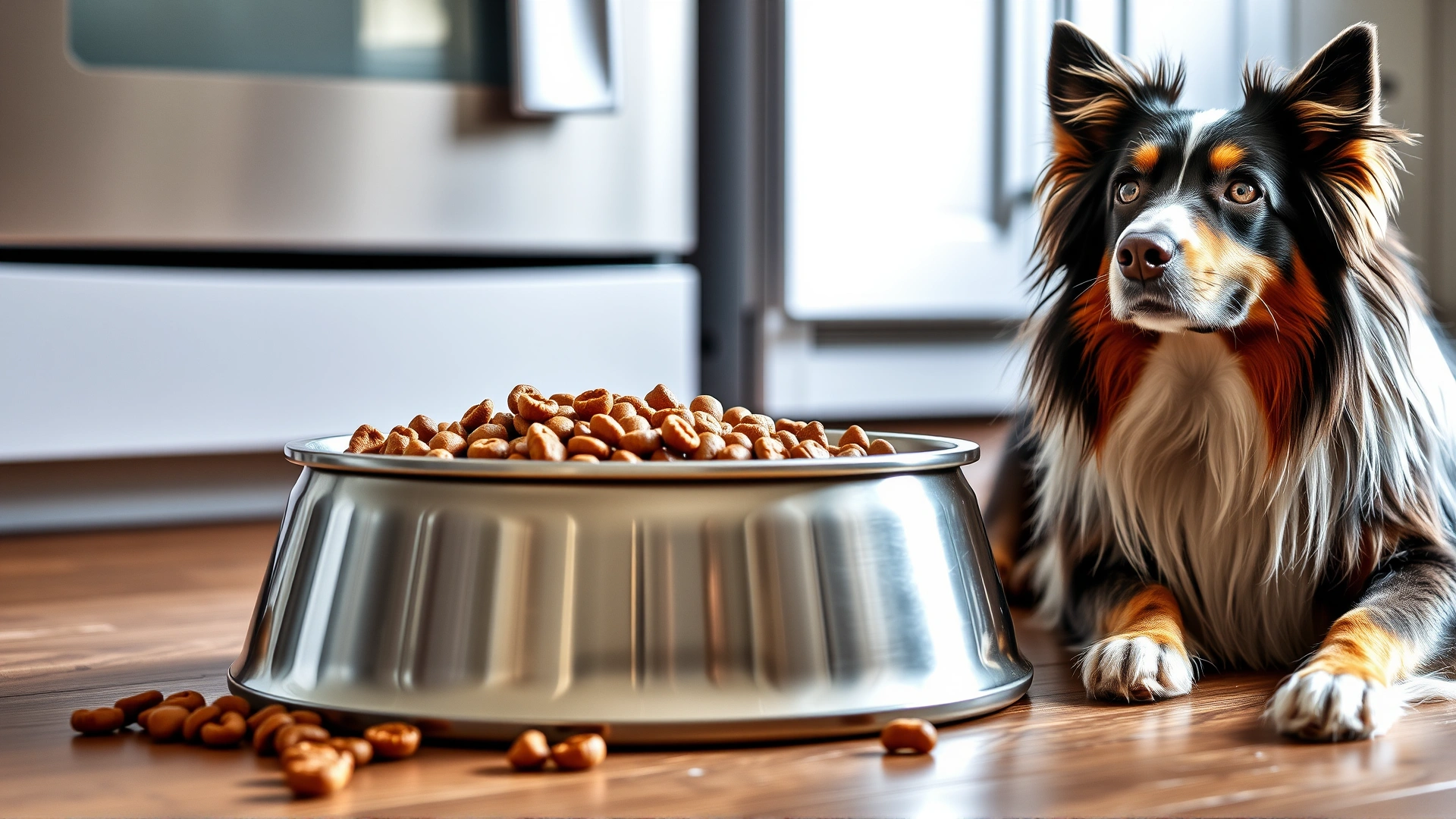 Stainless-steel dog bowl filled with high-quality kibble and fresh vegetables beside an Australian Shepherd waiting patiently, kitchen floor.