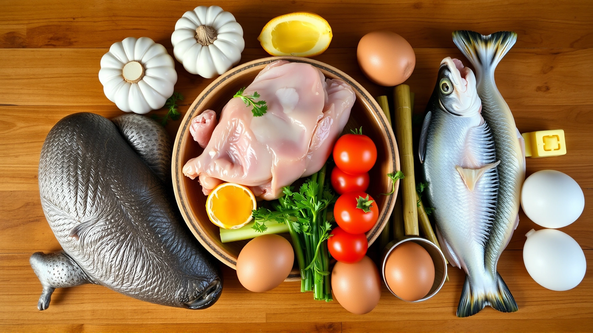 Top-down view of raw chicken, fish, eggs, and assorted vegetables neatly arranged on a wooden table to represent balanced kitten nutrition