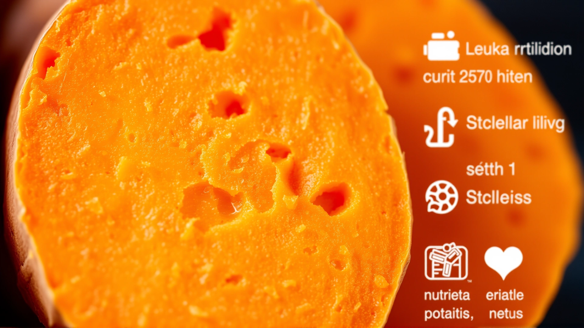 Macro shot of bright orange sweet potato flesh showing texture and moisture, alongside nutritional icons faintly in background (no text).