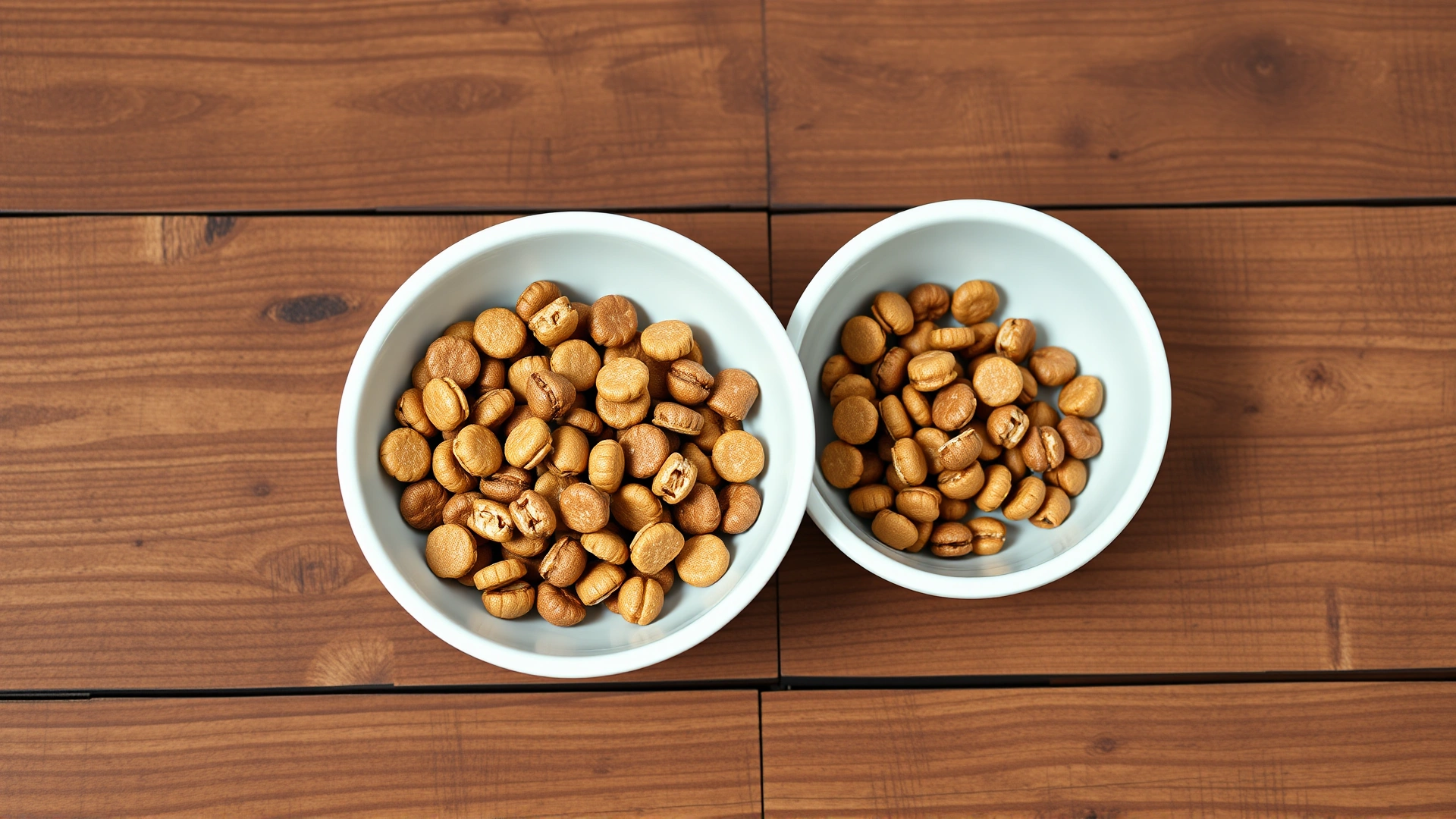 Close-up of two bowls on a wooden table: one with small puppy kibble and the other with larger adult dog kibble, overhead shot, no text
