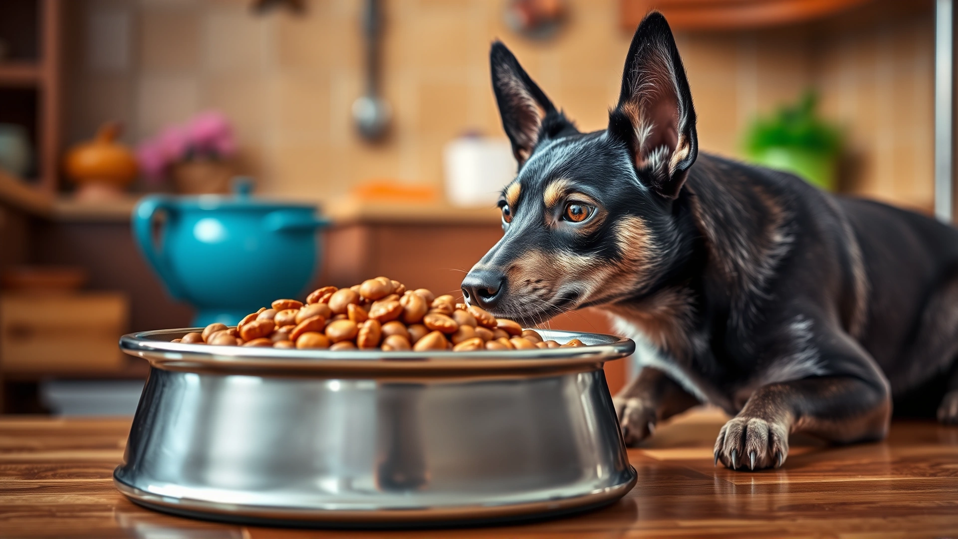 High-quality dog food in a stainless steel bowl with a Xoloitzcuintli patiently waiting beside it in a kitchen setting.