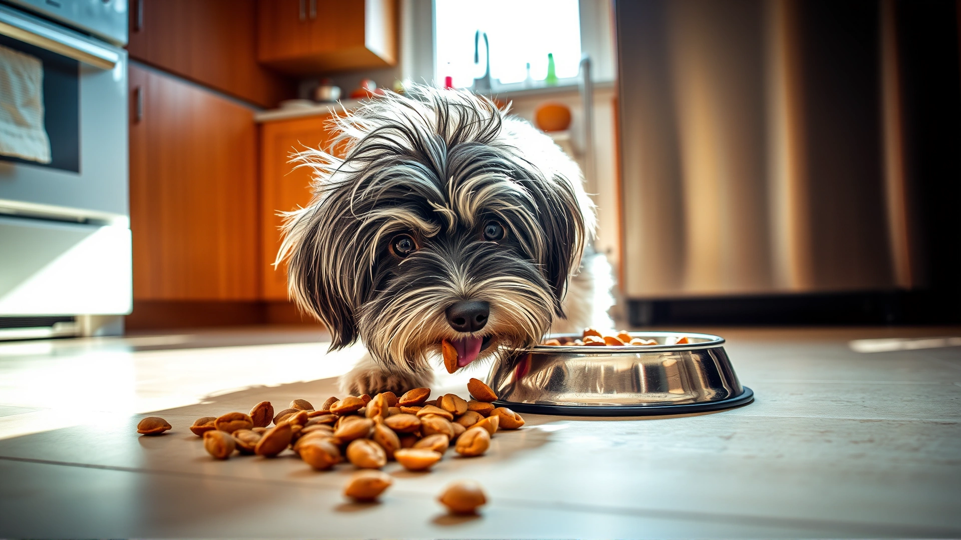 Tibetan Terrier eating from a stainless steel bowl filled with balanced kibble on a kitchen floor, bright natural light