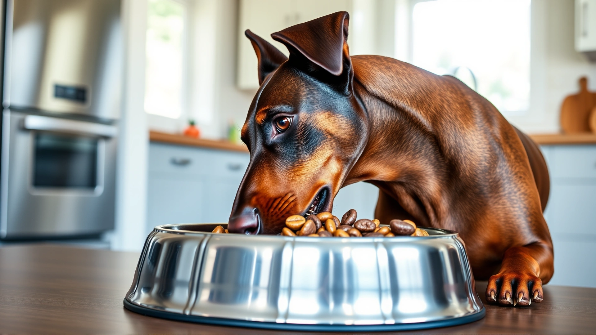 Doberman Pinscher eating from a stainless-steel bowl filled with high-quality kibble in a bright kitchen.