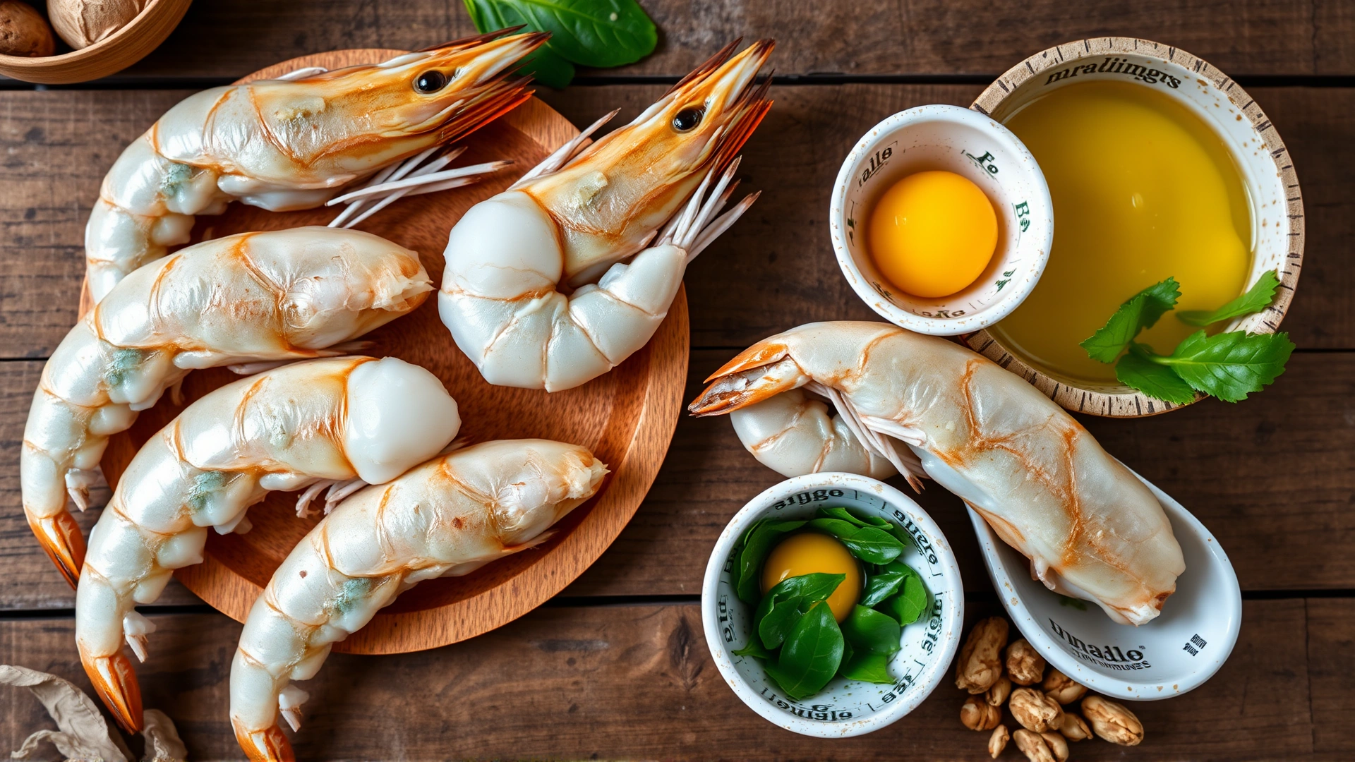 Close-up overhead shot of peeled, cooked shrimp next to small bowls of natural ingredients representing nutrients (e.g., spinach leaves, egg yolk, nuts) on a rustic wooden background, no text