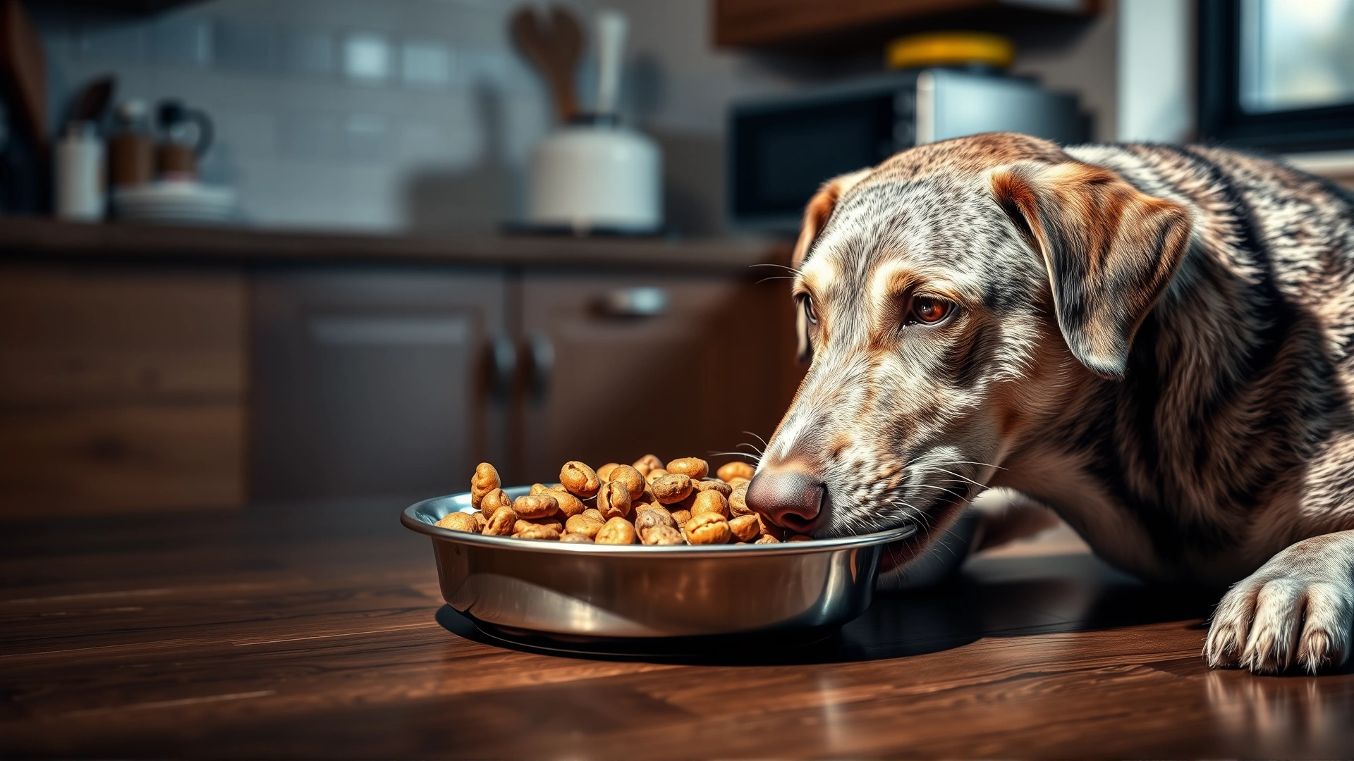 A Mountain Cur eating from a stainless steel bowl filled with high-quality kibble in a kitchen setting, warm lighting
