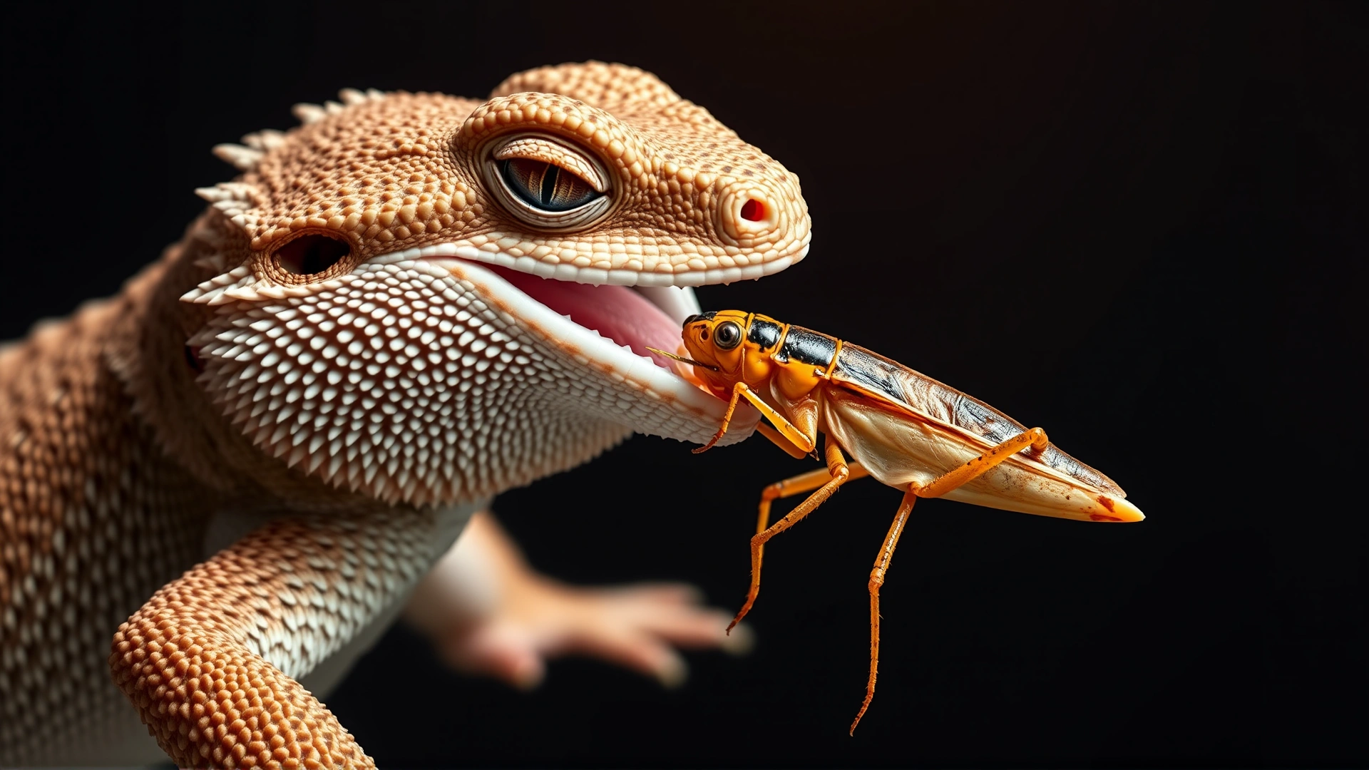 Bearded dragon catching and eating a gut-loaded cricket, bright lighting, high-resolution action shot