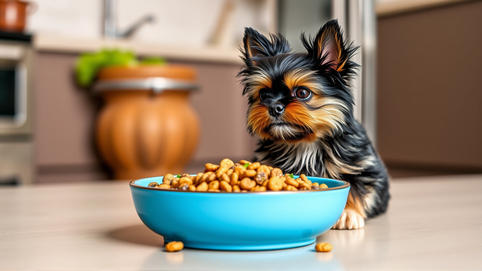 Bowl of high-quality small-breed kibble with fresh vegetables beside an Affenpinscher eagerly waiting, kitchen setting.