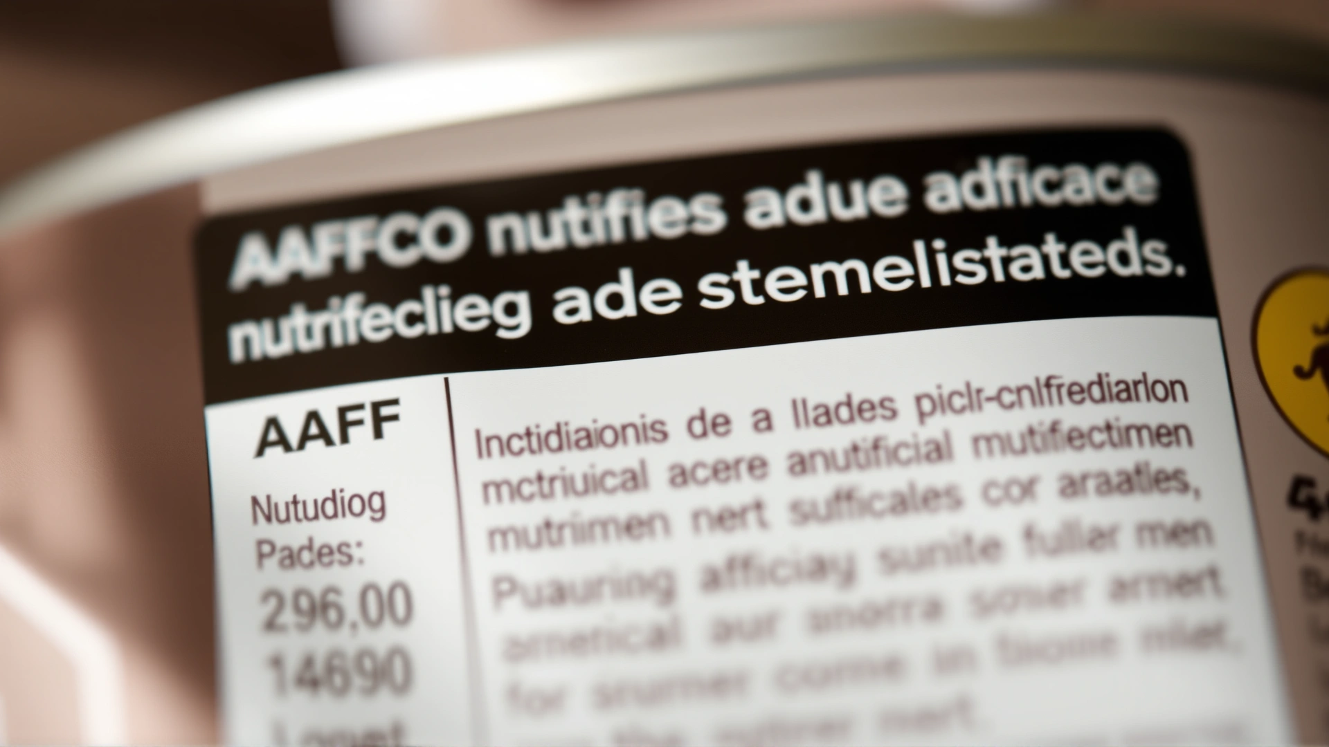 Macro shot focusing on the 'AAFCO nutritional adequacy statement' section of a pet food label, clear sharp text area in focus, front packaging blurred, no visible brand names