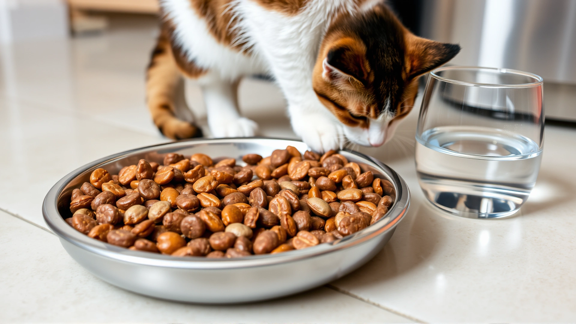 Bowl of high-quality wet and dry cat food with fresh water beside, set on a clean kitchen floor.