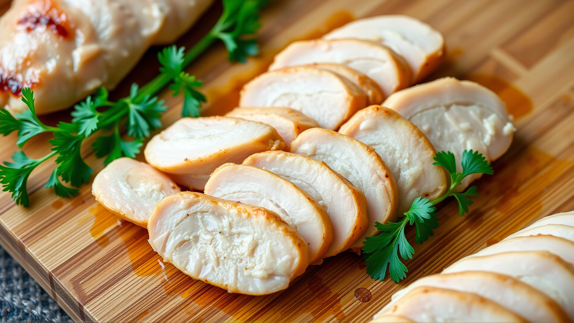 Close-up of sliced cooked boneless skinless chicken breast on a wooden cutting board with fresh parsley beside it, shot top-down, no text