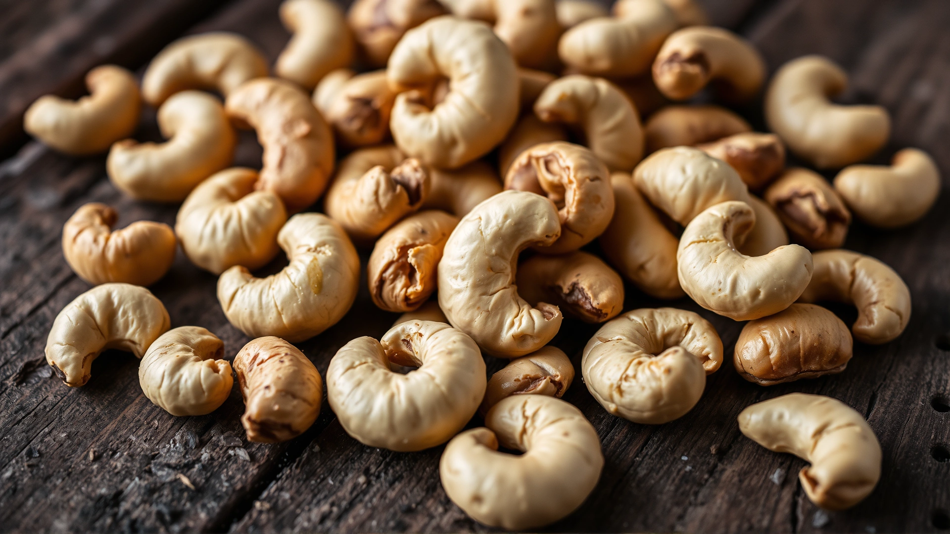 Macro photo of raw unsalted cashew nuts scattered on a rustic wooden surface, high detail, no text.