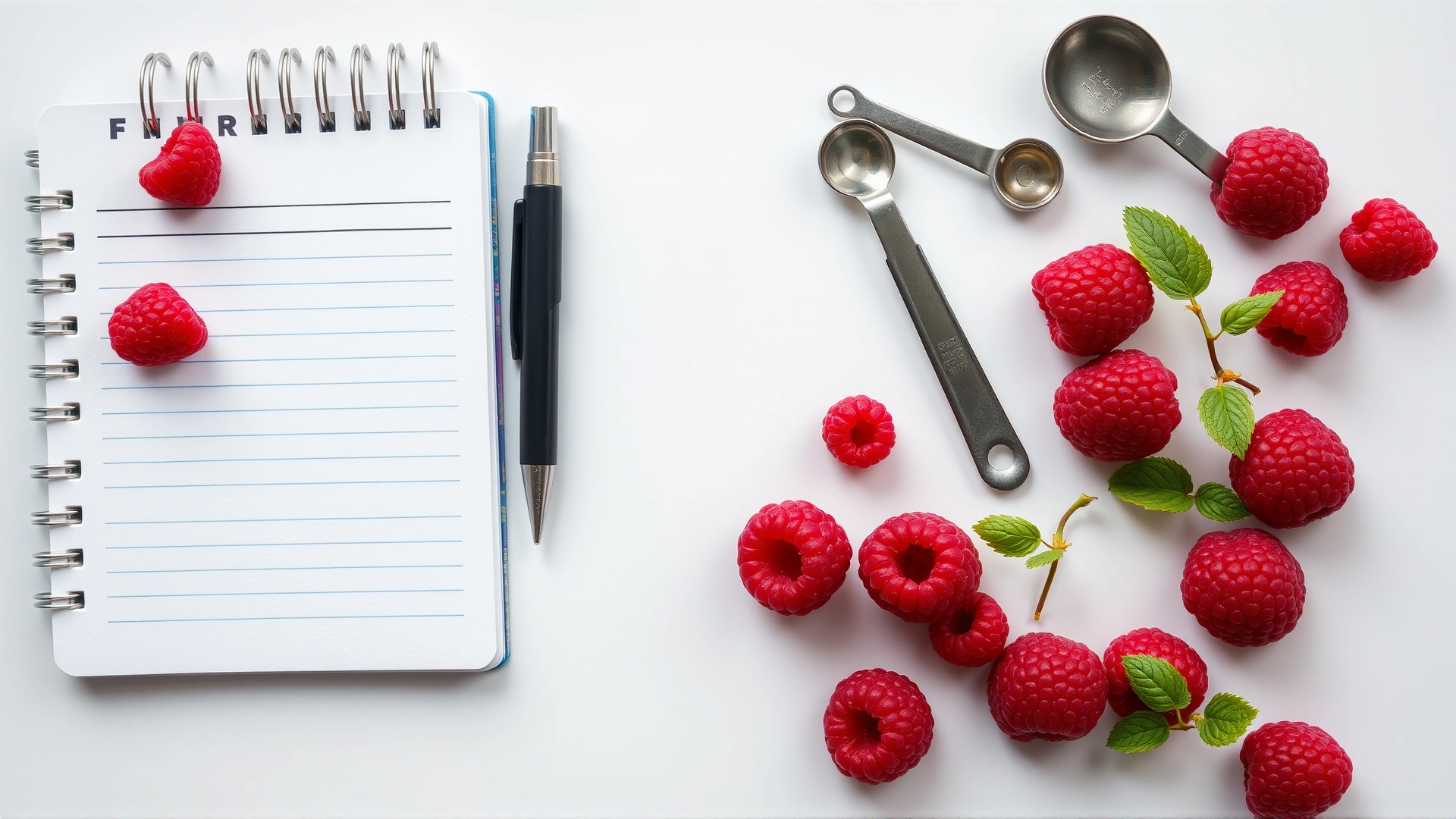 Top-down view of raspberries next to measuring spoons and a blank notebook on a white countertop to illustrate nutrition facts