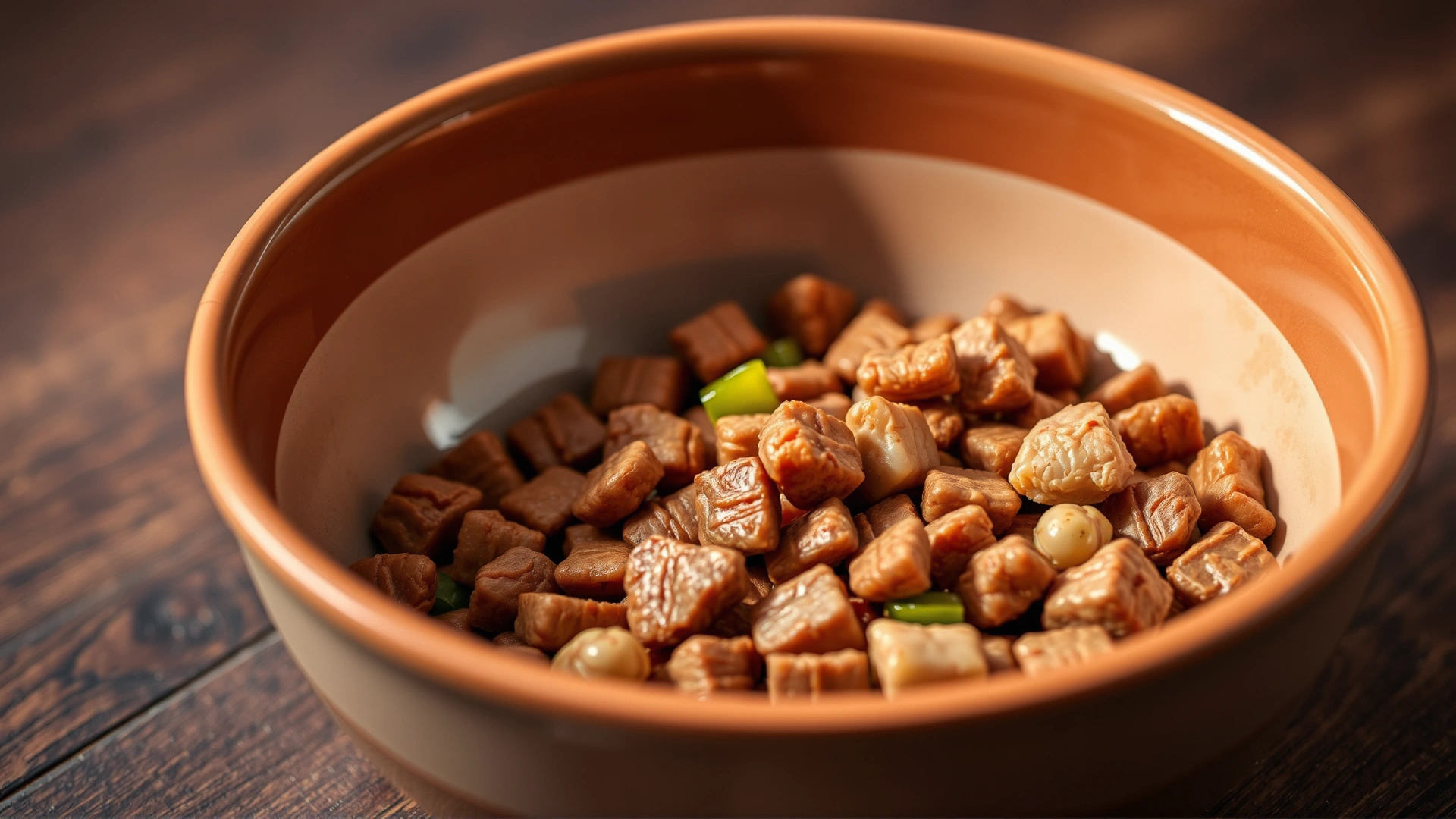 Close-up of a bowl filled with high-quality dog food containing visible chunks of meat and vegetables on a wooden floor