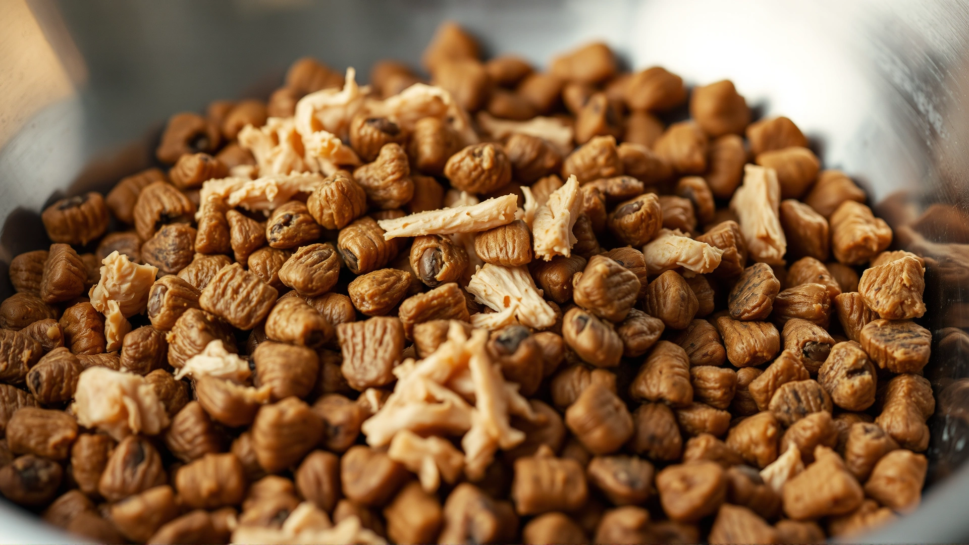Close-up of high-quality dry puppy kibble mixed with shredded chicken in a stainless steel bowl