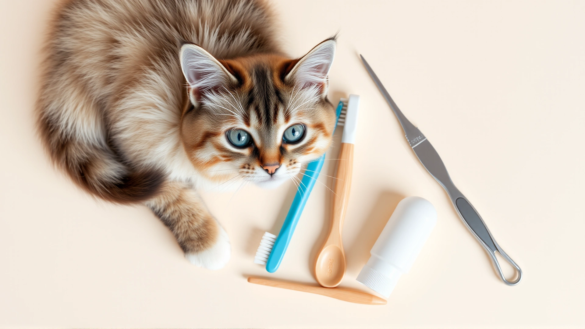 Flat lay of a complete cat dental care kit including toothbrush, toothpaste, and finger brush on pastel background