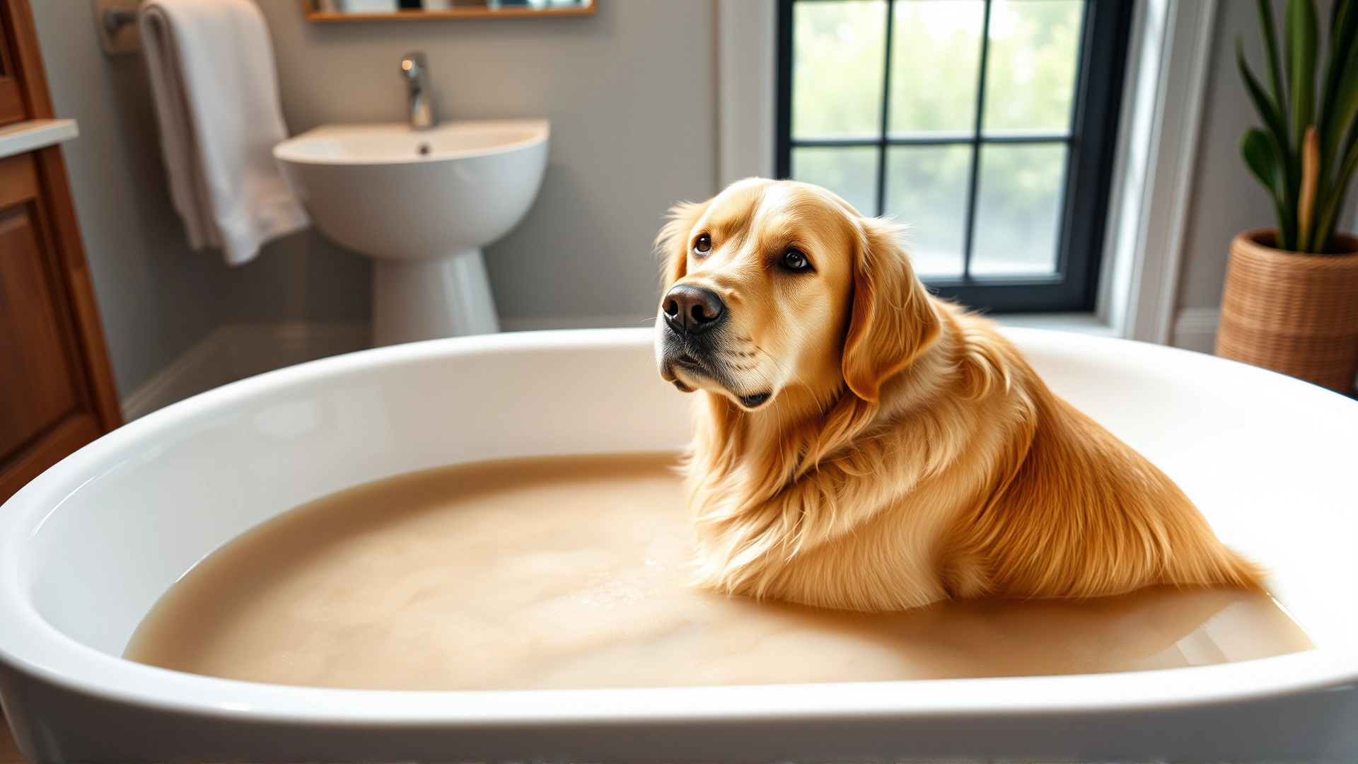 A golden retriever sitting calmly in a bathtub filled with cloudy oatmeal water, modern bathroom setting, natural soft light.