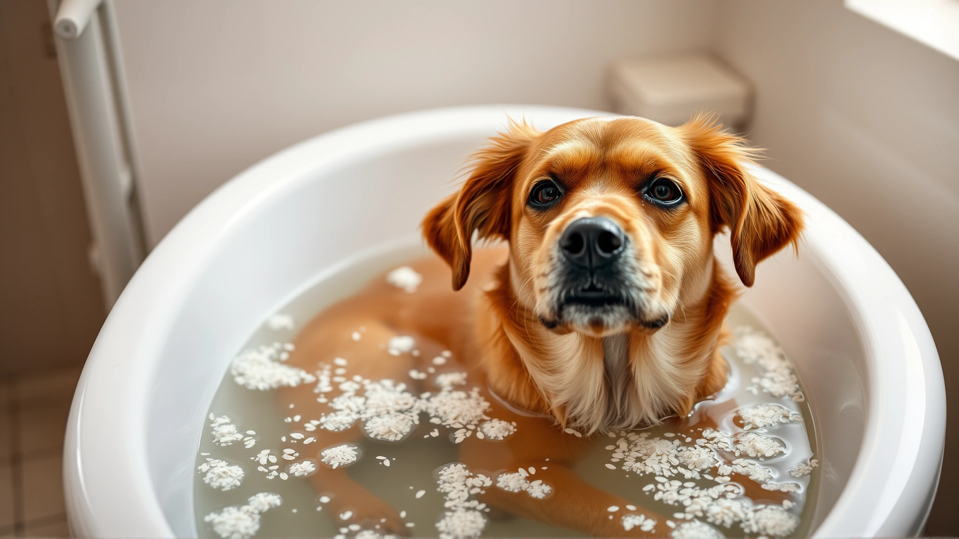 Dog soaking calmly in a bathtub filled with lukewarm water and floating oatmeal flakes, spa-like bathroom setting.