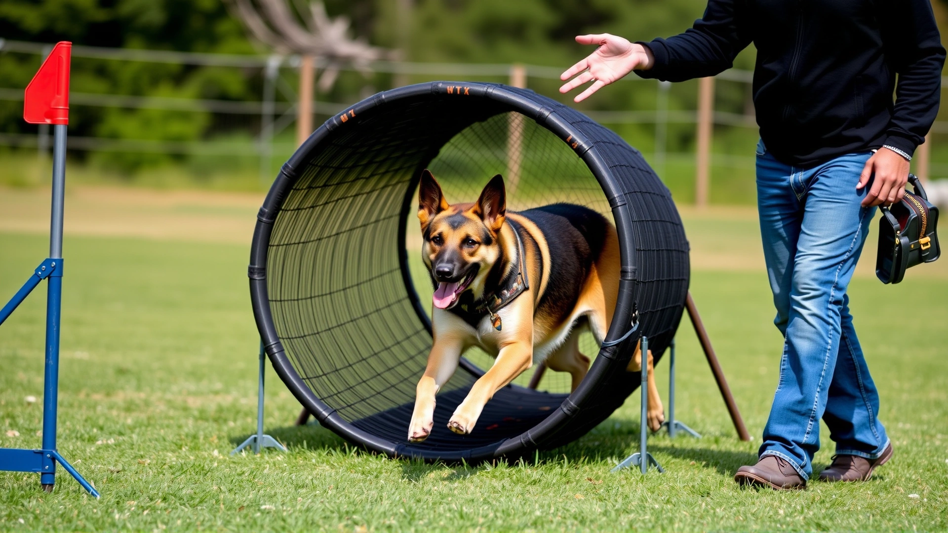 Professional trainer giving a hand signal to an attentive Australian Cattle Dog navigating an agility tunnel on a well-maintained training field.
