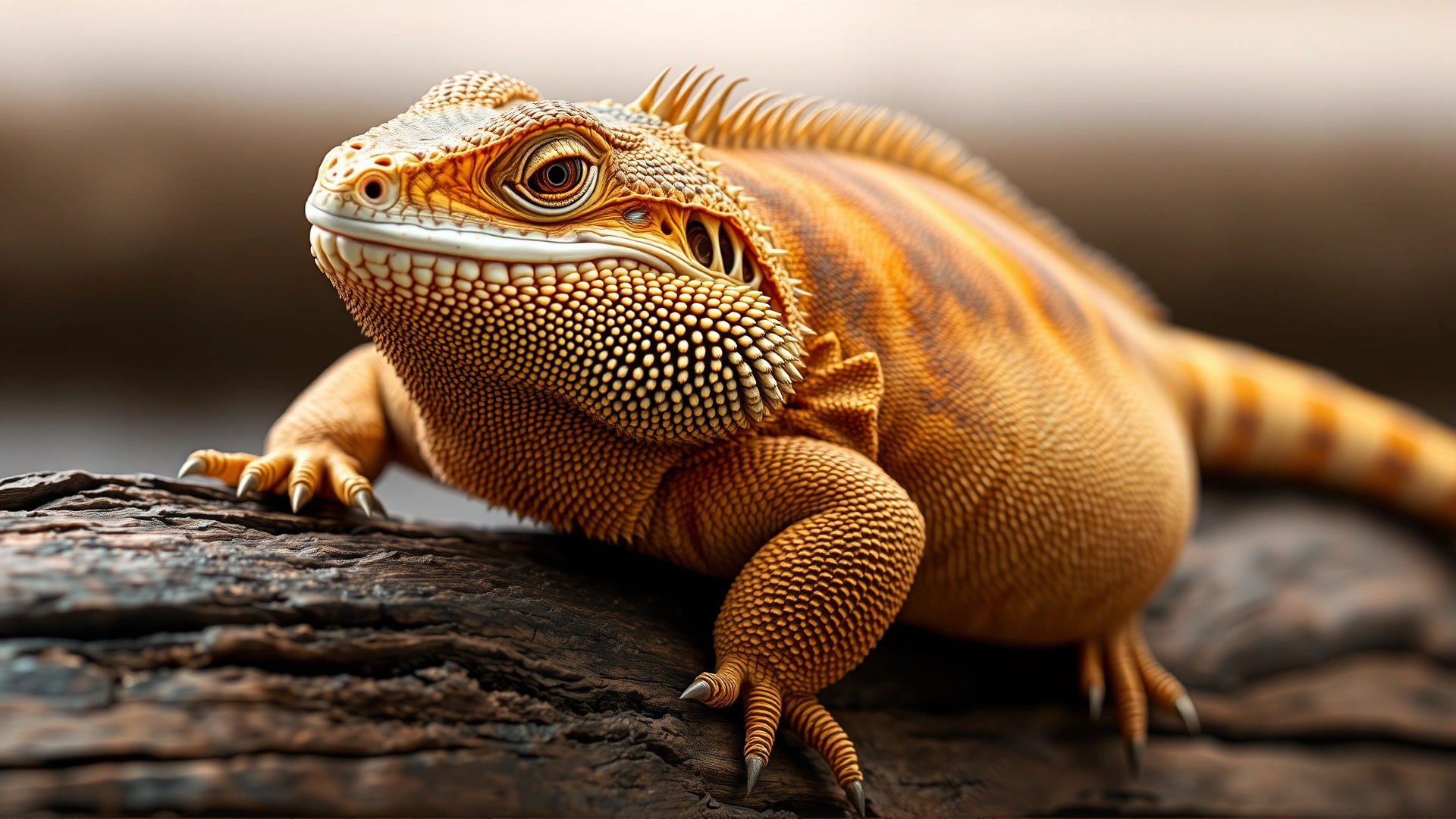 An overweight bearded dragon with visible fat folds resting on a log, clear focus on body thickness.
