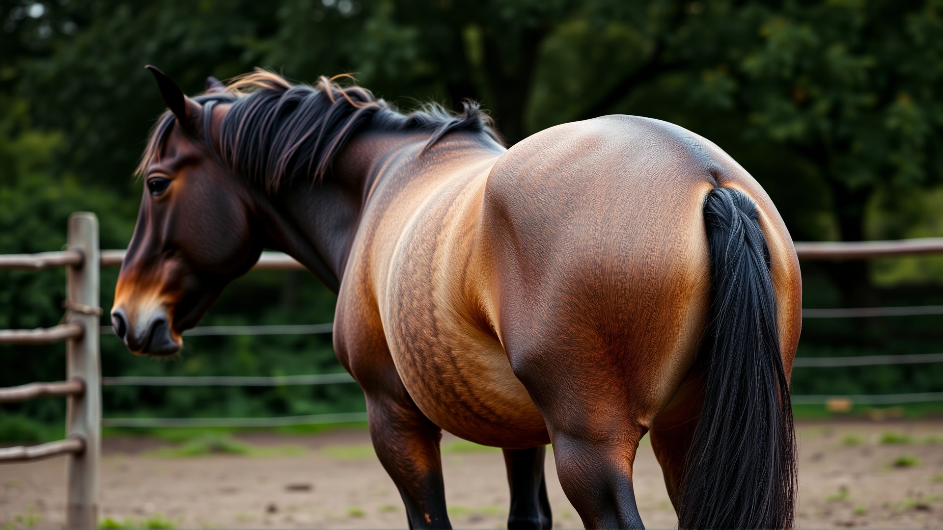 Side profile of an overweight horse standing in a paddock, showing visible fat deposits along the neck and tailhead