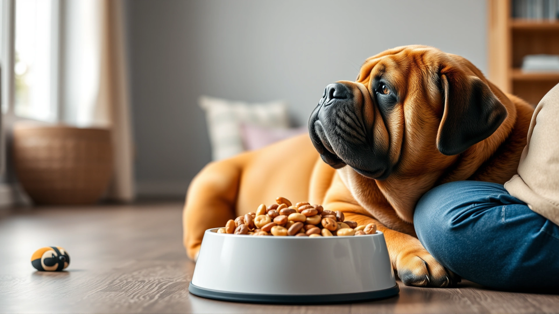 Overweight Mastiff sitting beside a full food bowl, looking up at the owner, indoor setting, no text.