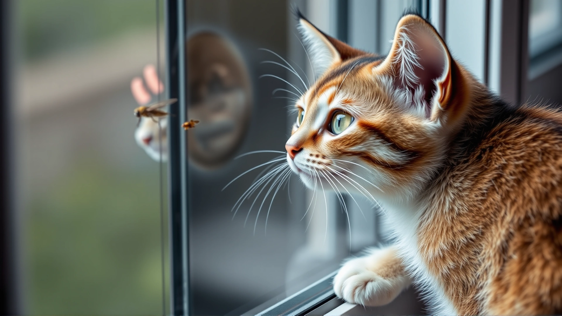 Close-up of a curious domestic short-haired cat perched on a windowsill, staring intently at a small flying insect outside the glass.
