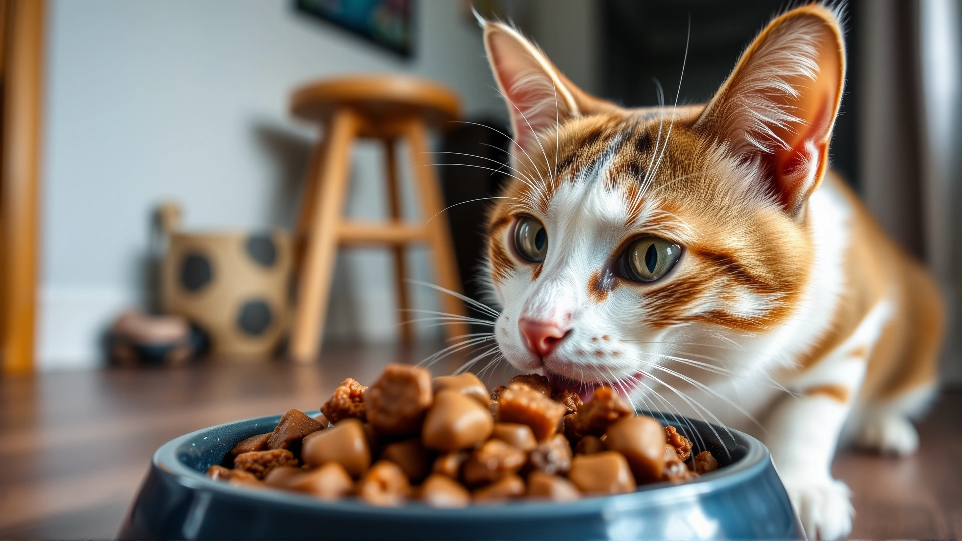 Close-up of a cat taking a small bite from a dog food bowl while looking around mischievously, shallow depth of field, indoor lighting