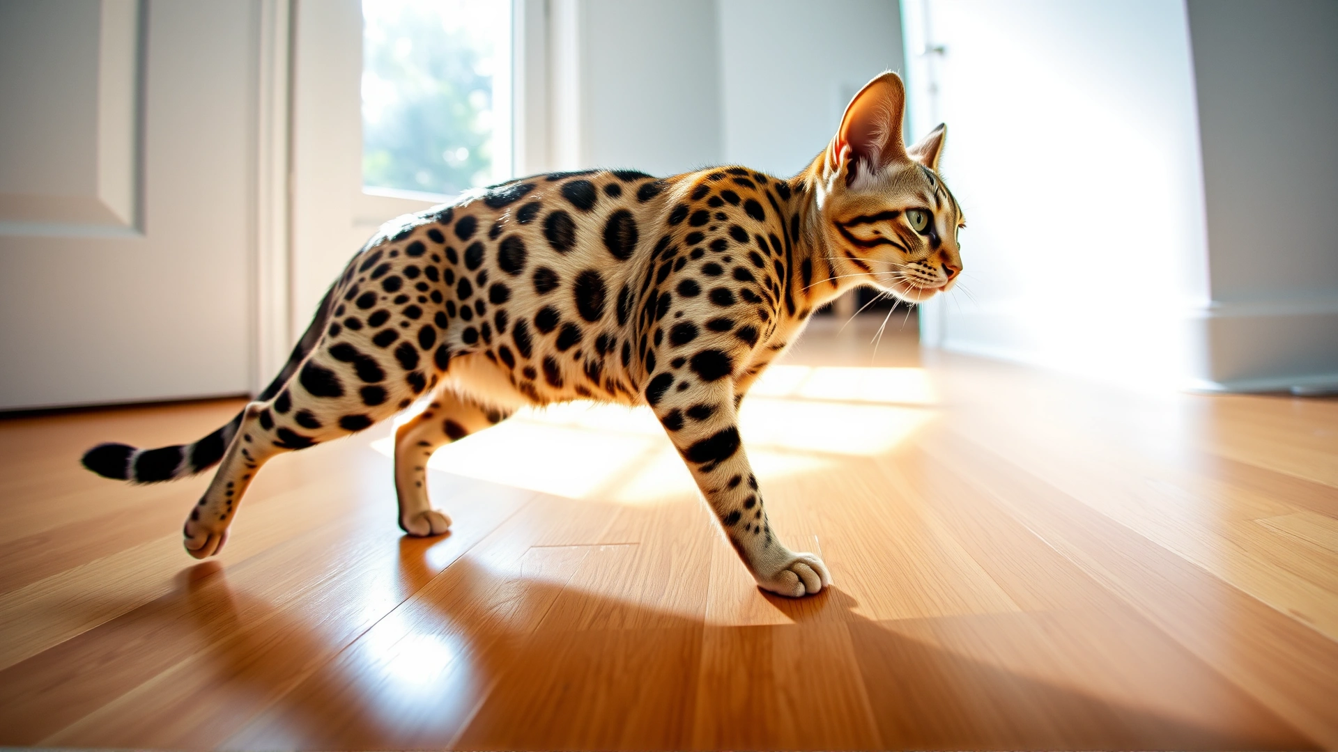 A full-body shot of an adult Ocicat walking confidently across a hardwood floor, sunlight streaming from a nearby window highlighting its spots.